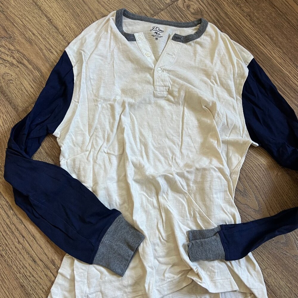 Men's J. Crew Long Sleeve Slub Henley Creame and Blue Color Block Size Medium